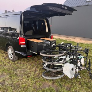 Electric bike rack 67 kg, MTB, Mountain, Cross, Tire up to 4 inches, 3 - 4 large bikes, Tailgate opening VW Volkswagen T5, T6, T6.1 Multivan, California, Caravelle