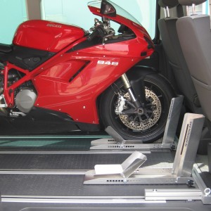 Motorcycle transport holder, Interior motorbike rack for the interior of a car or van, Motorbike rack for Volkswagen Multivan, Mercedes V Class, Ford Custom and others